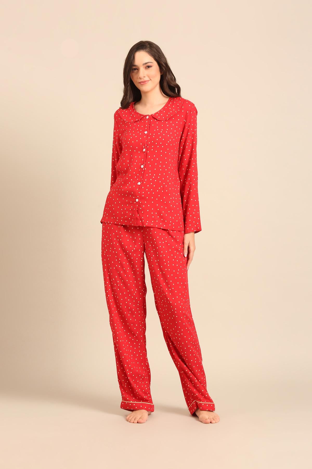 Minnie Polka Viscose Women's Pajama Set - Peter Pan Collar