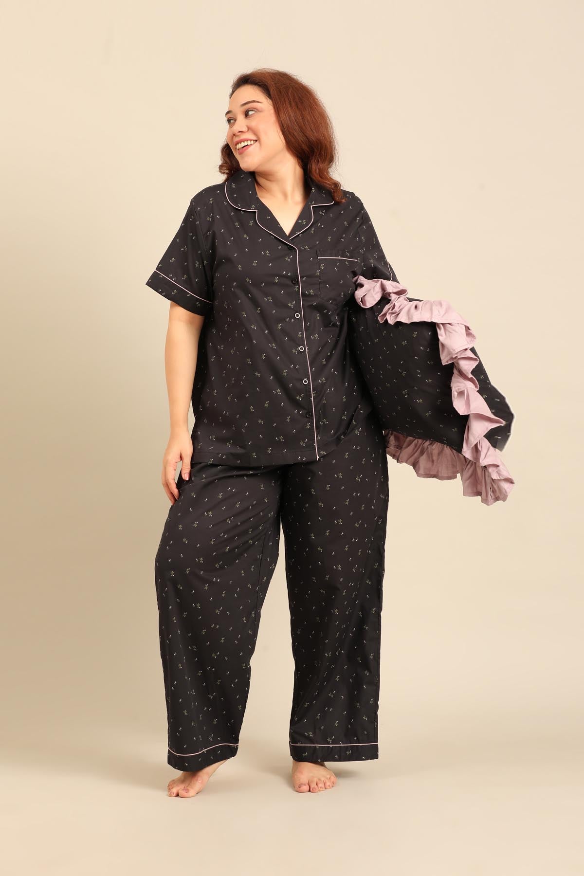 Margot Floral Cotton Women's Curve Pajama Set - Half Sleeves