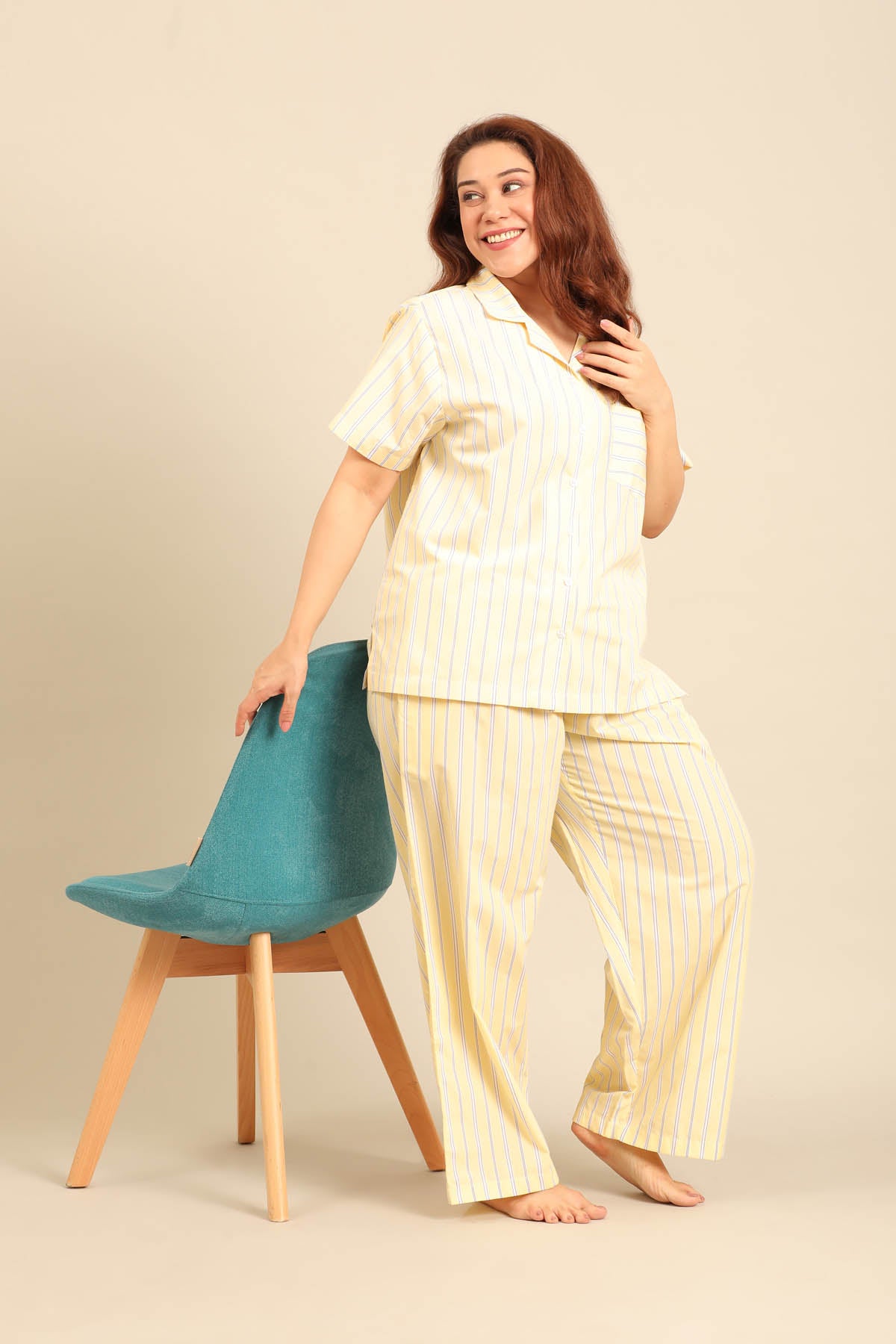 Butter Yellow Stripe Cotton Blend Women's Curve Pajama Set - Half Sleeves