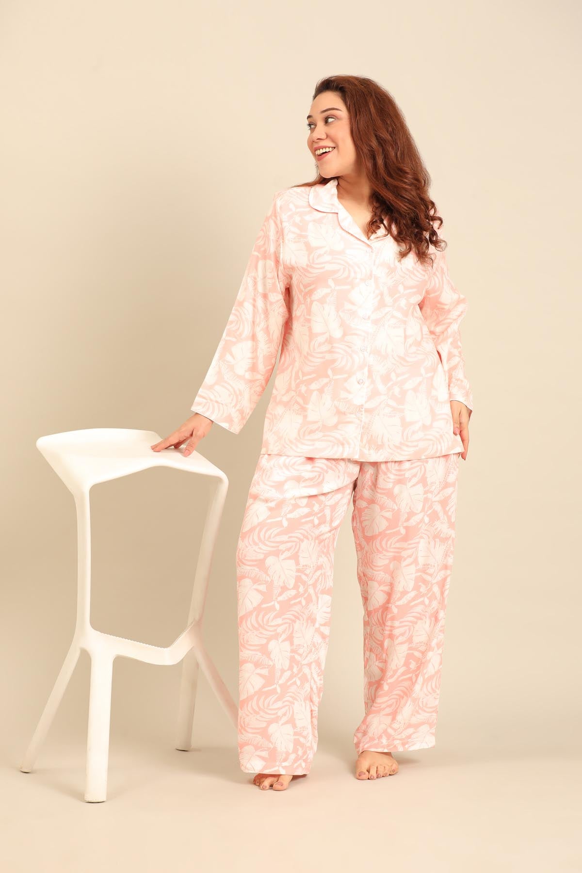 Layla Floral Viscose Women's Curve Pajama Set - Full Sleeves