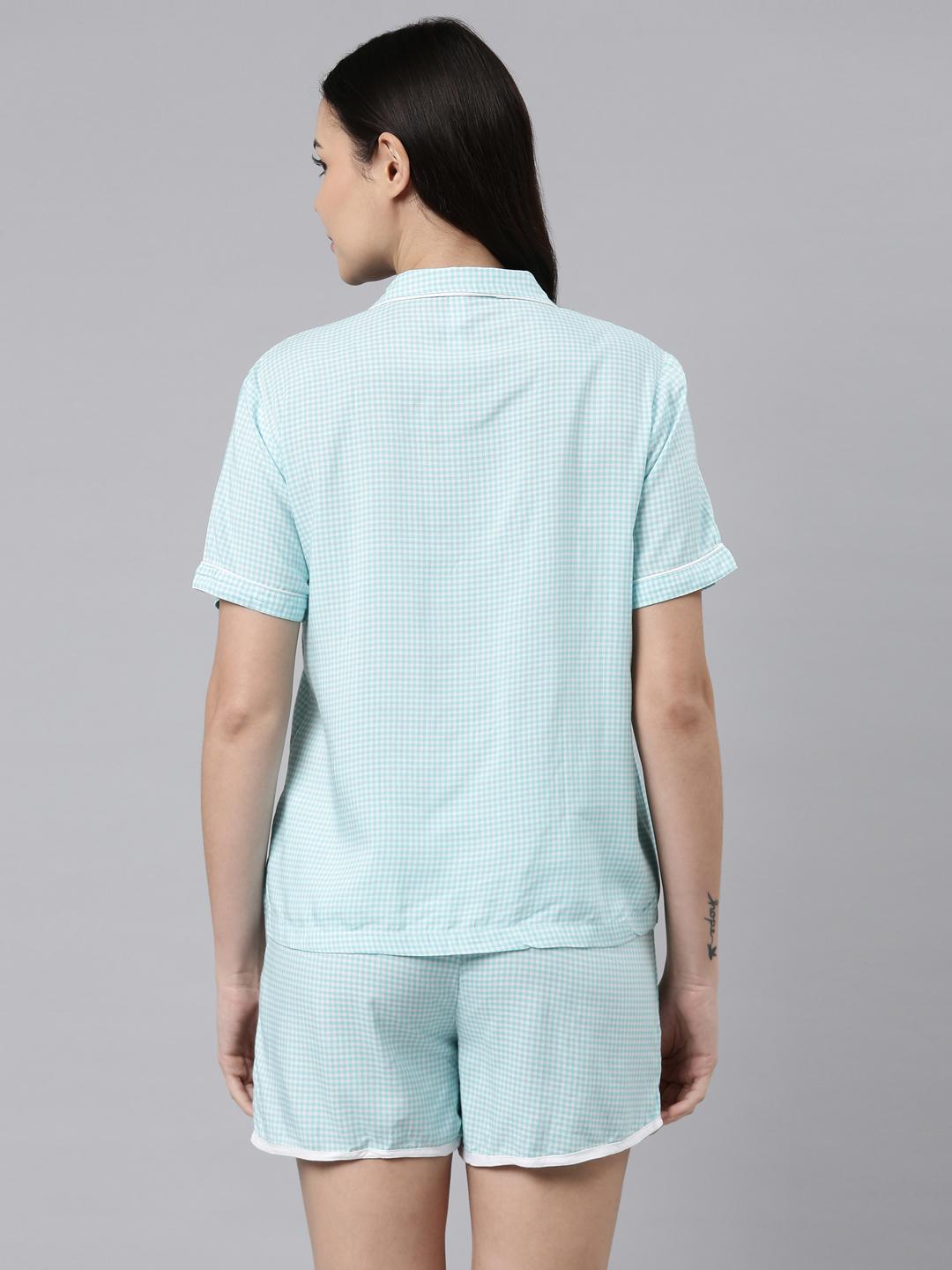 Aqua Checked Cotton Women's Shorts Set