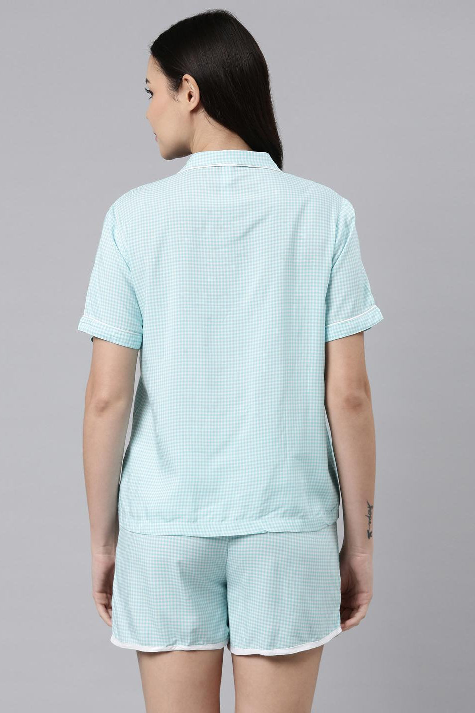 Aqua Checked Cotton Women's Shorts Set