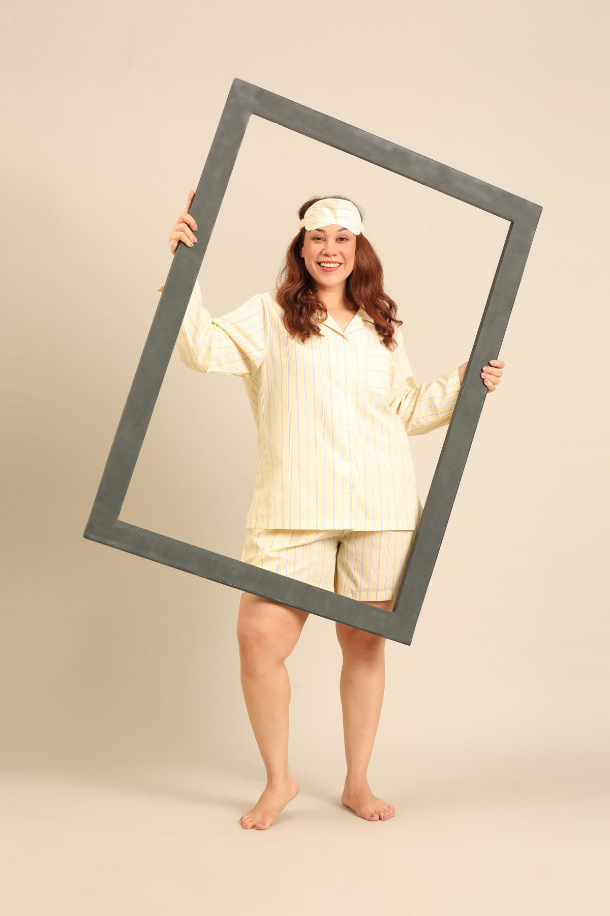 Butter Yellow Stripe Cotton Blend Women's Curve Shorts Set - Full Sleeves