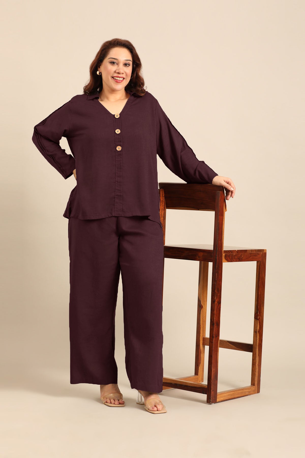 Kylie Wine Linen Blend Women's Co-ord Set