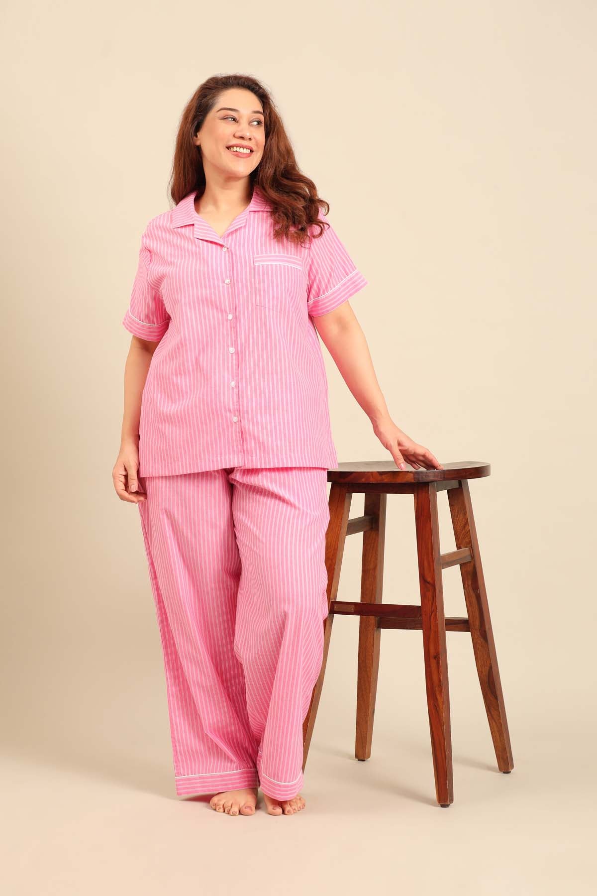 Miranda Stripe Cotton Women's Curve Pajama Set - Half Sleeves
