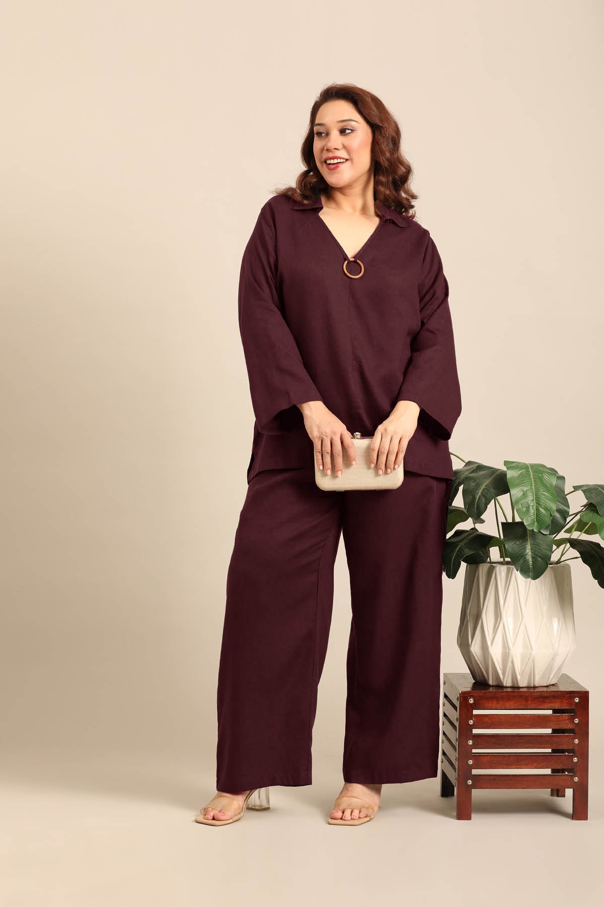 Tessa Wine Linen Blend Women's Co-ord Set