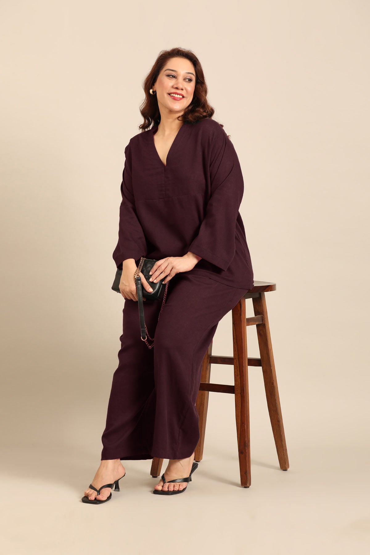 Sandra Wine Linen Blend Women's Co-ord Set