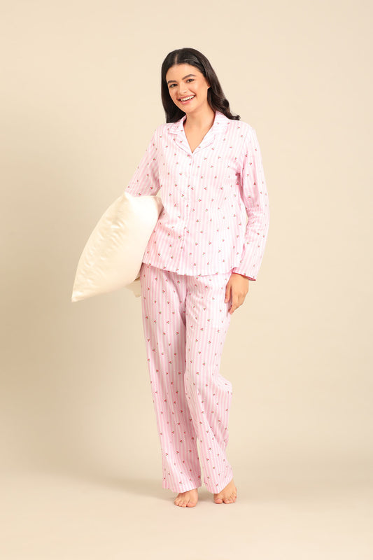 Cherry Stripe Cotton Women's Pajama Set - Full Sleeves