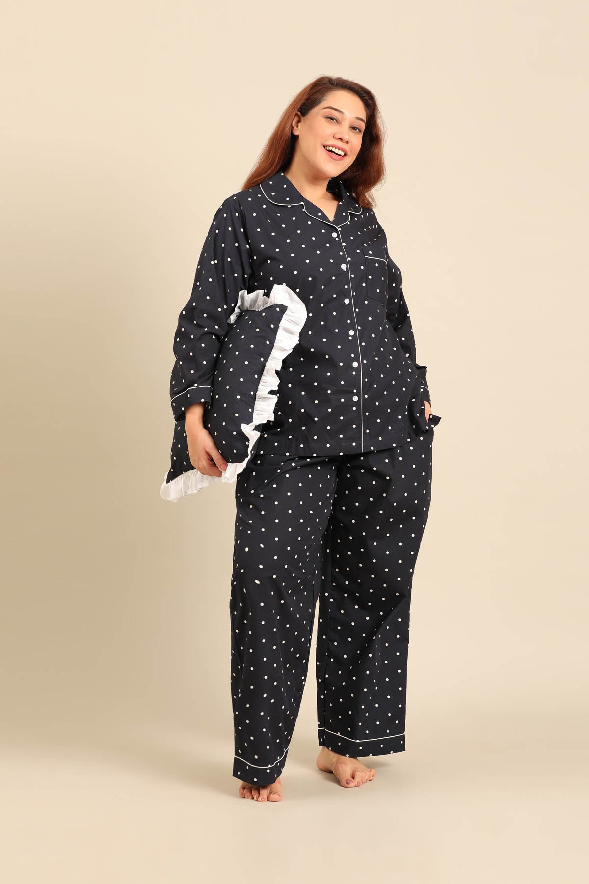 Navy Polka Cotton Blend Women's Curve Pajama Set - Full Sleeves
