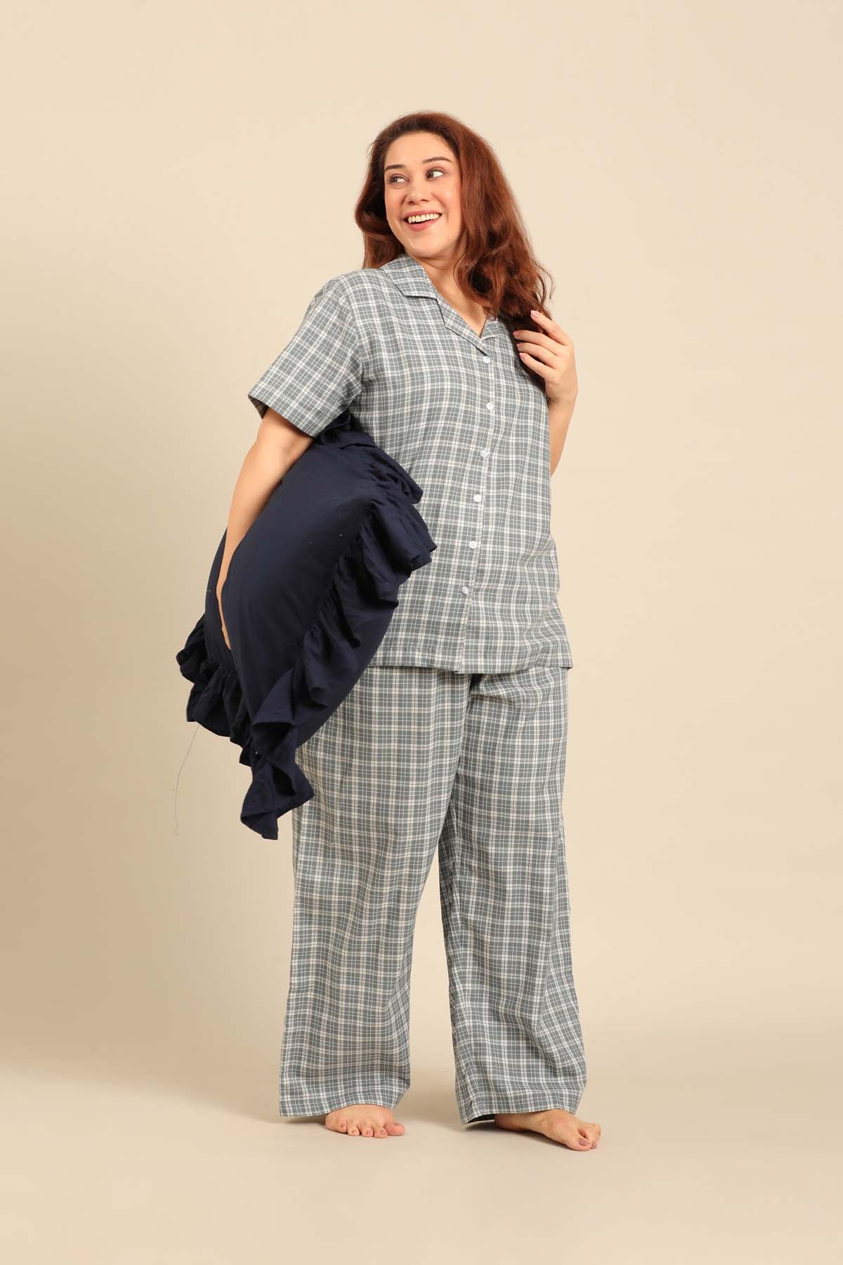 Dusty Blue Check Cotton Twill Women's Curve Pajama Set - Half Sleeves