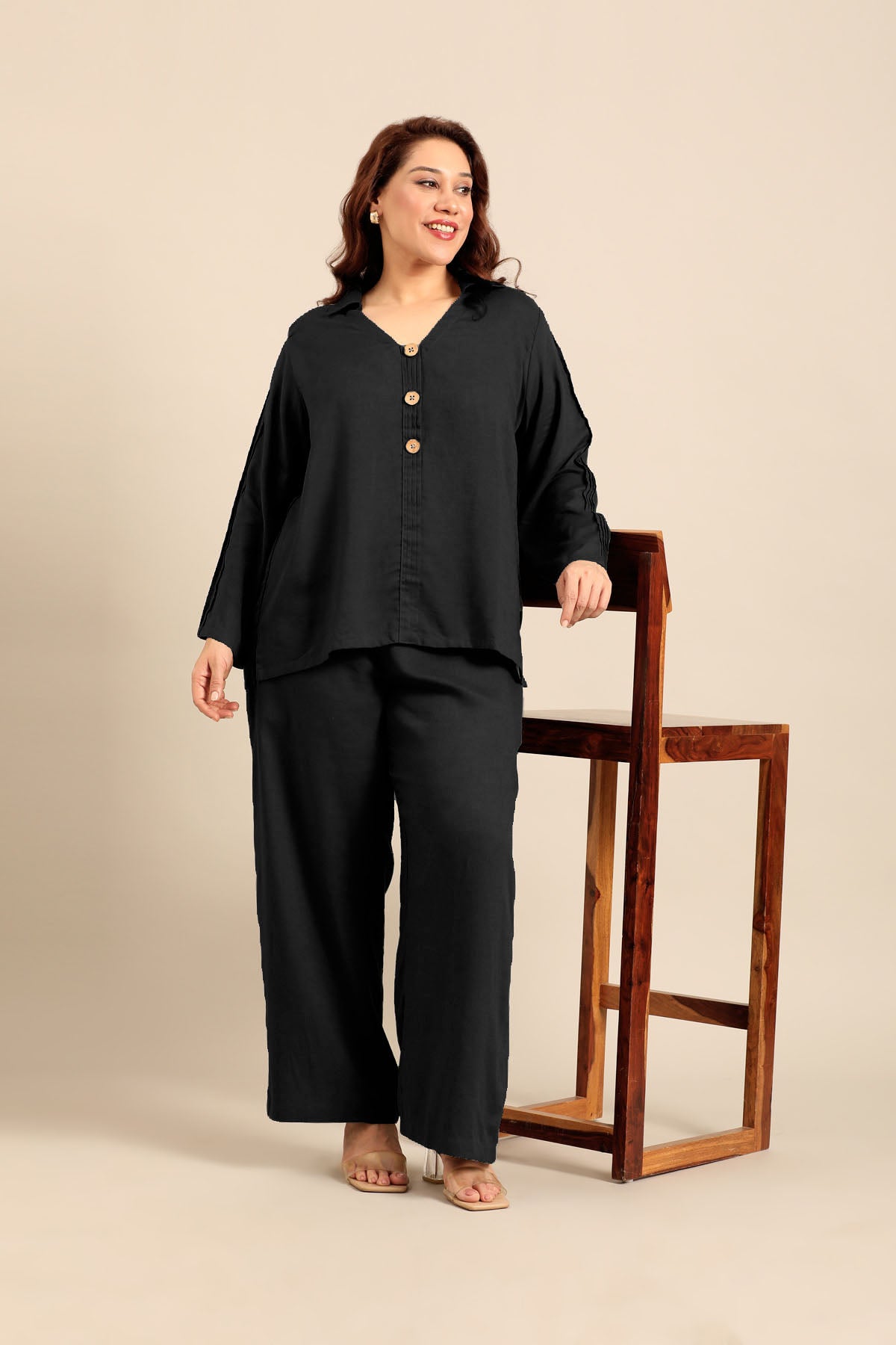 Kylie Black Linen Blend Women's Co-ord Set