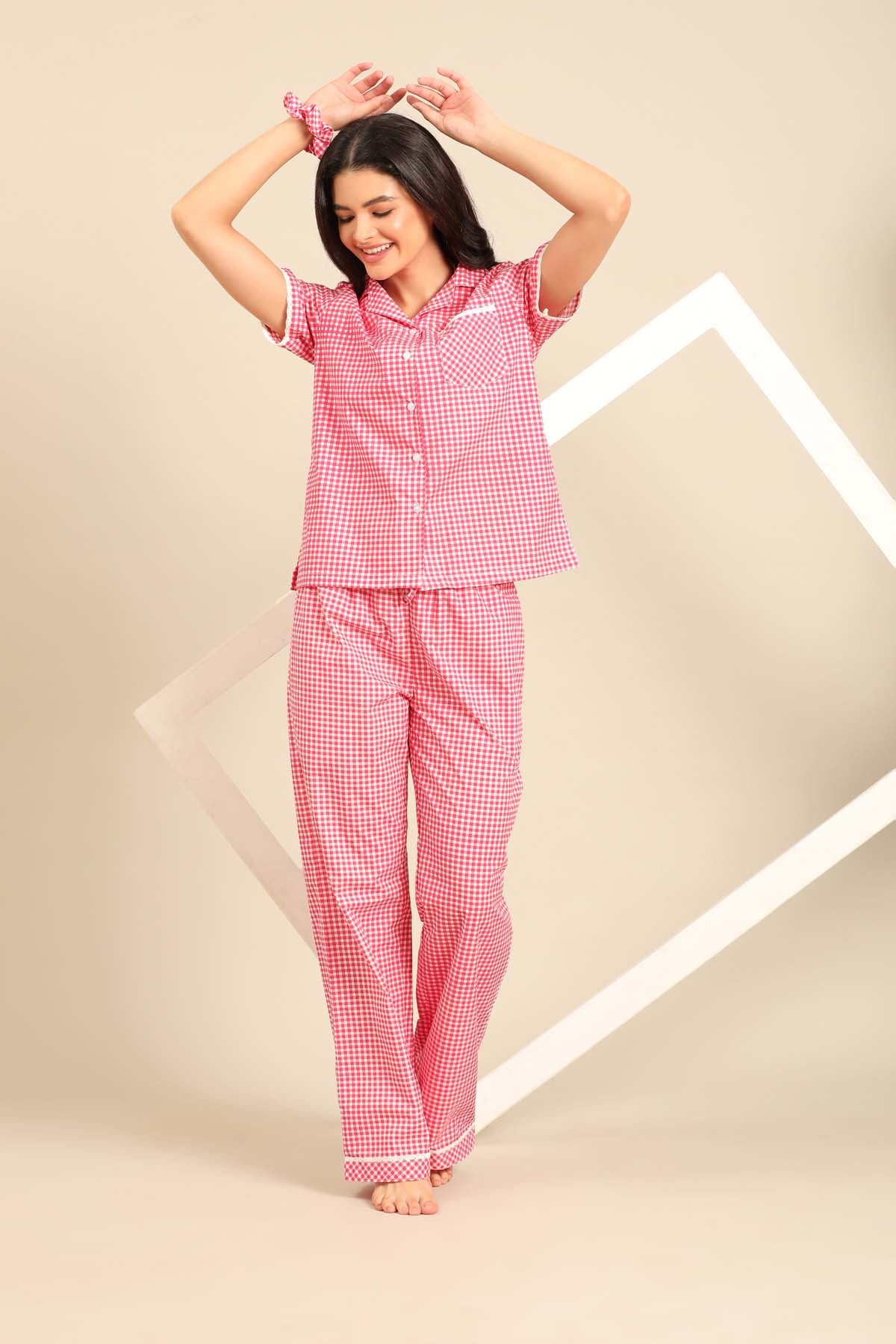 Red Gingham Check Cotton Blend Women's Pajama Set - Half Sleeves
