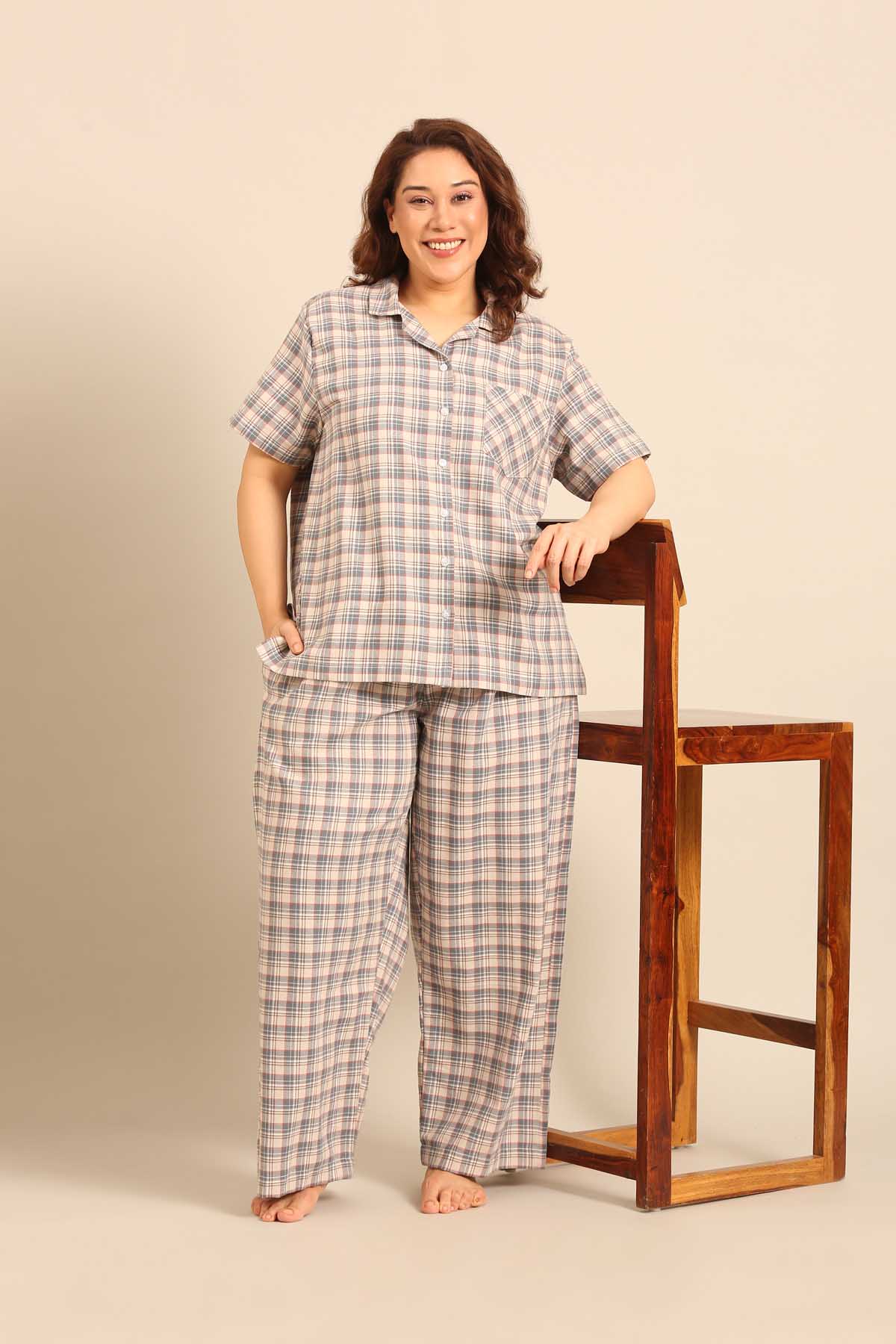 Beige Plaid Cotton Women's Curve Shirt Only - Half Sleeves