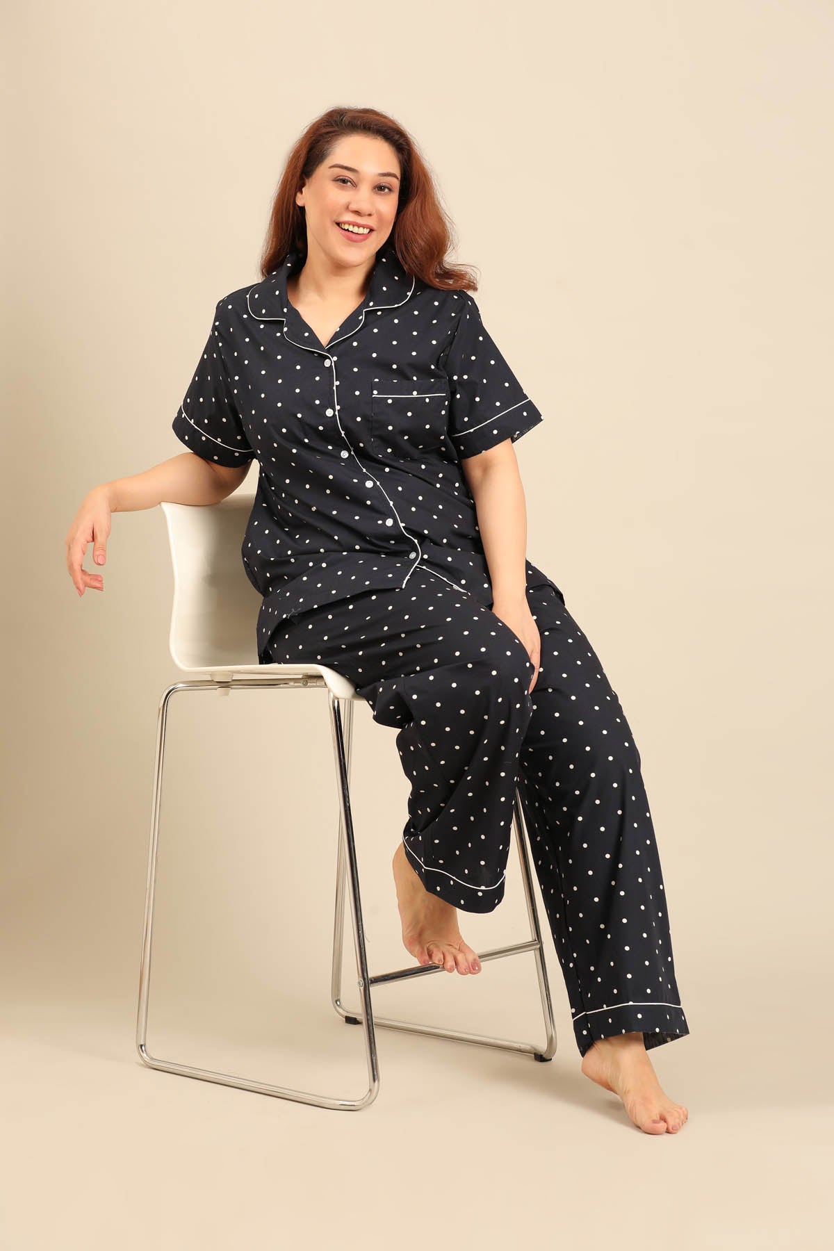 Navy Polka Cotton Blend Women's Curve Pajama Set - Half Sleeves