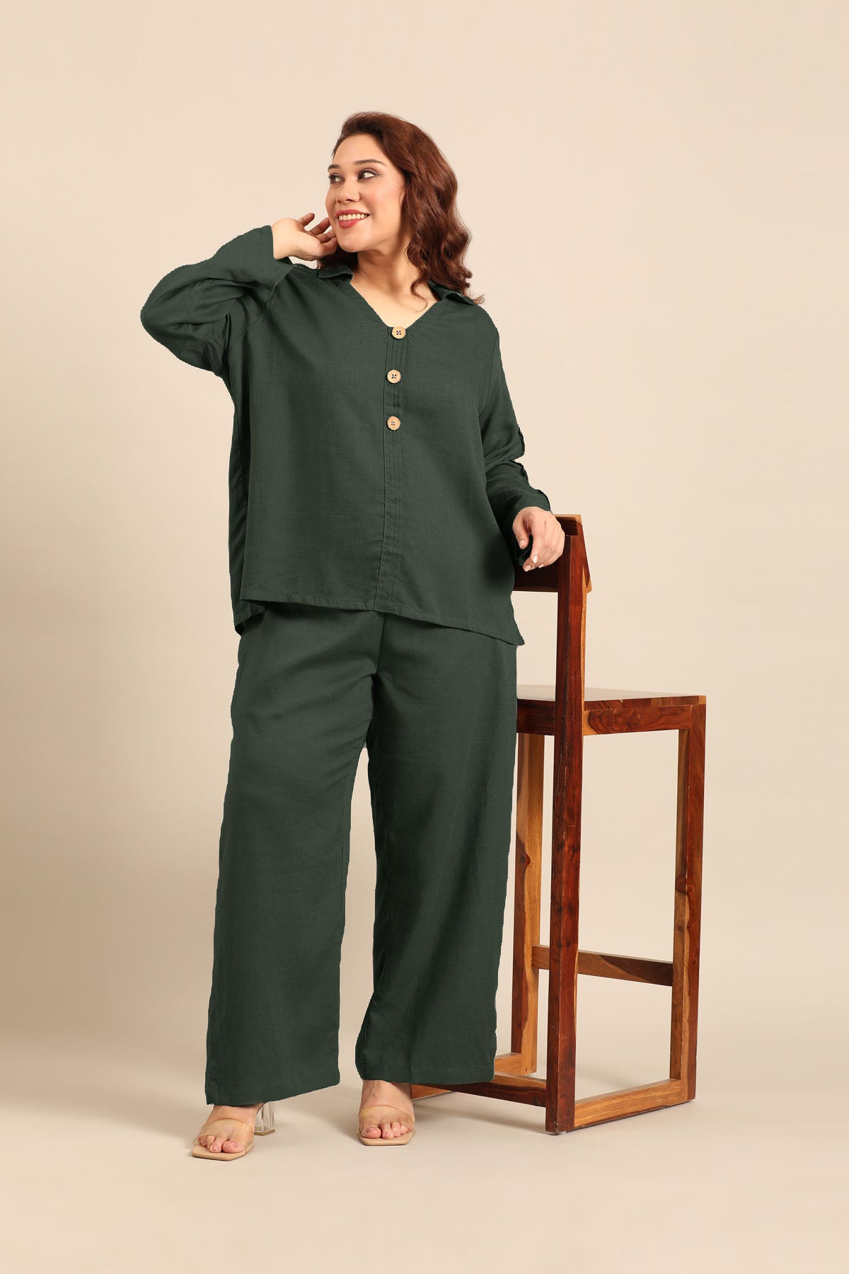 Kylie Forest Green Linen Blend Women's Co-ord Set