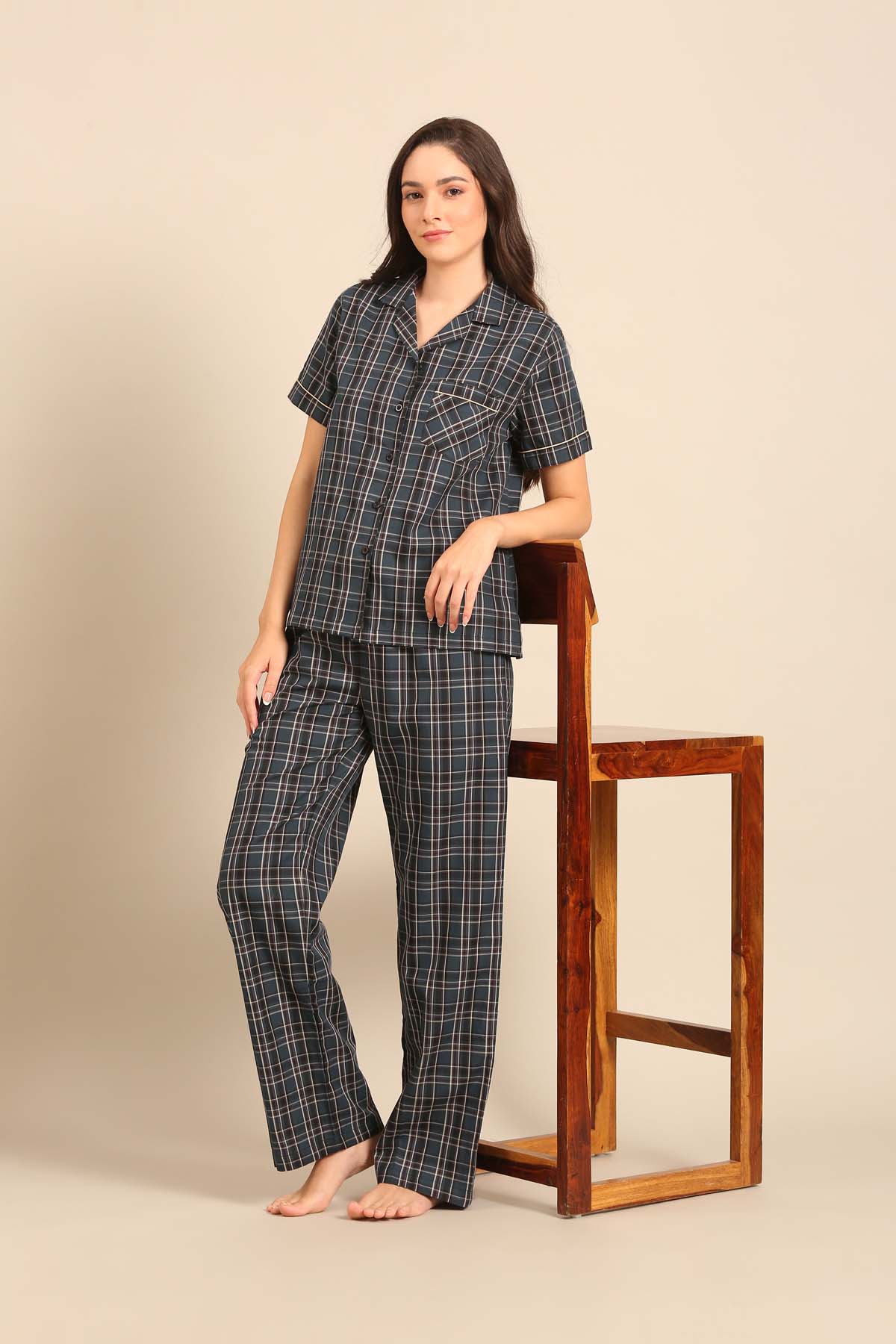 Charlotte Check Cotton Women's Pajama Set - Half Sleeves