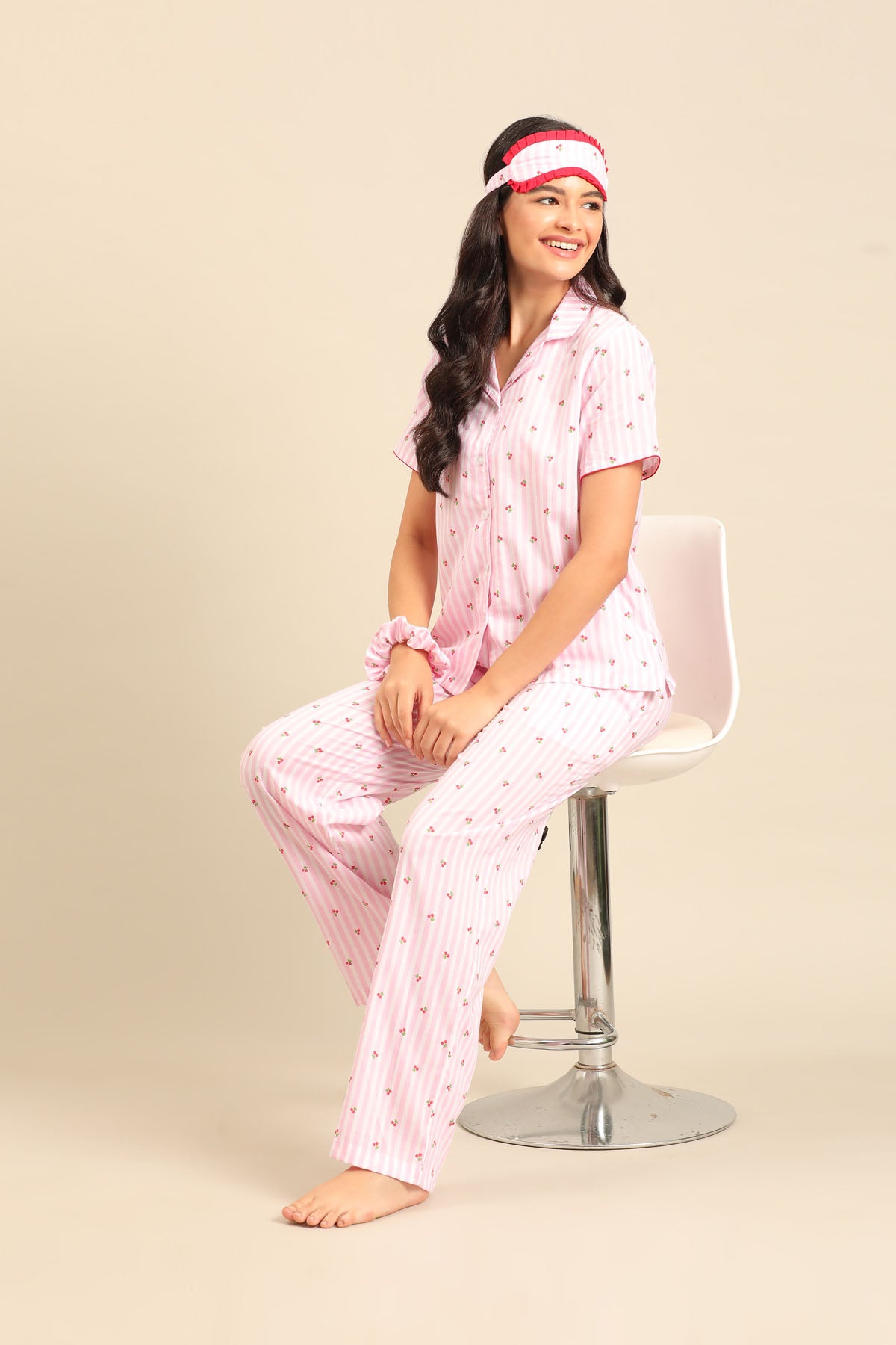 Cherry Stripe Cotton Women's Pajama Set - Half Sleeves