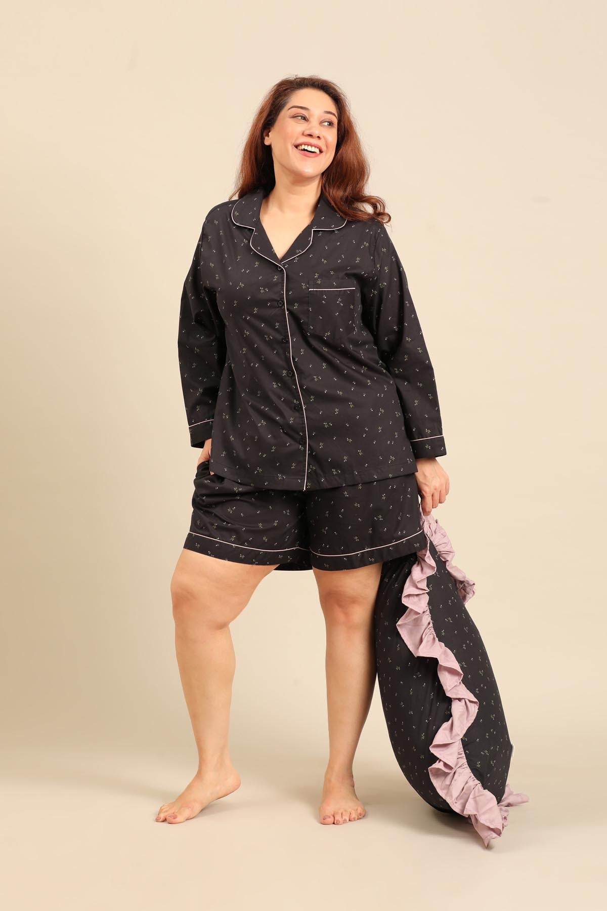 Margot Floral Cotton Women's Curve Shorts Set - Full Sleeves