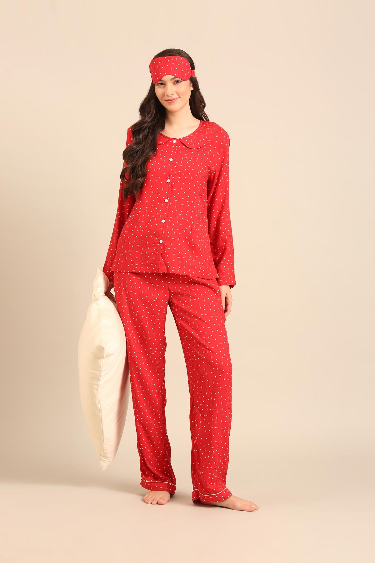 Minnie Polka Viscose Women's Pajama Set - Peter Pan Collar