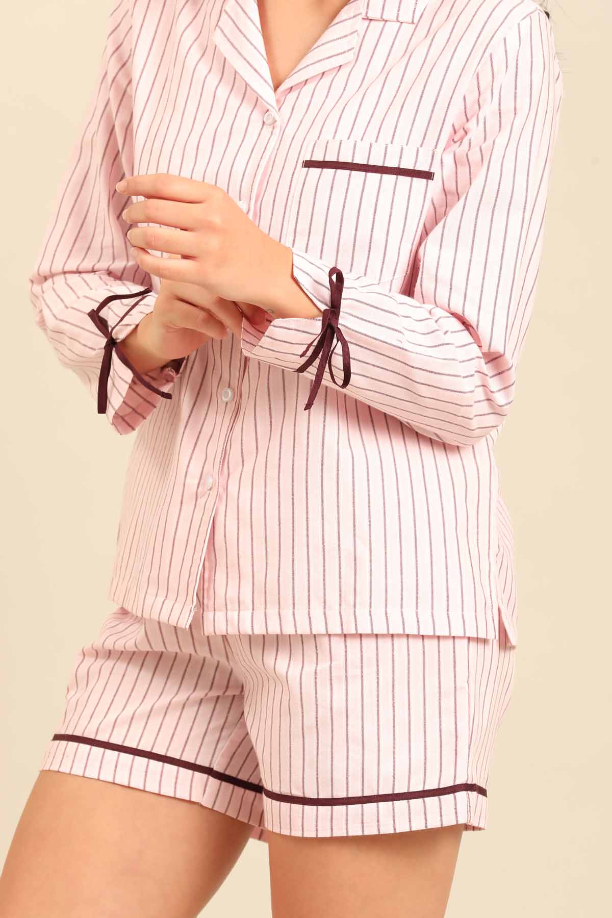 Vivian Stripe Cotton Women's Shorts Set - Full Sleeves