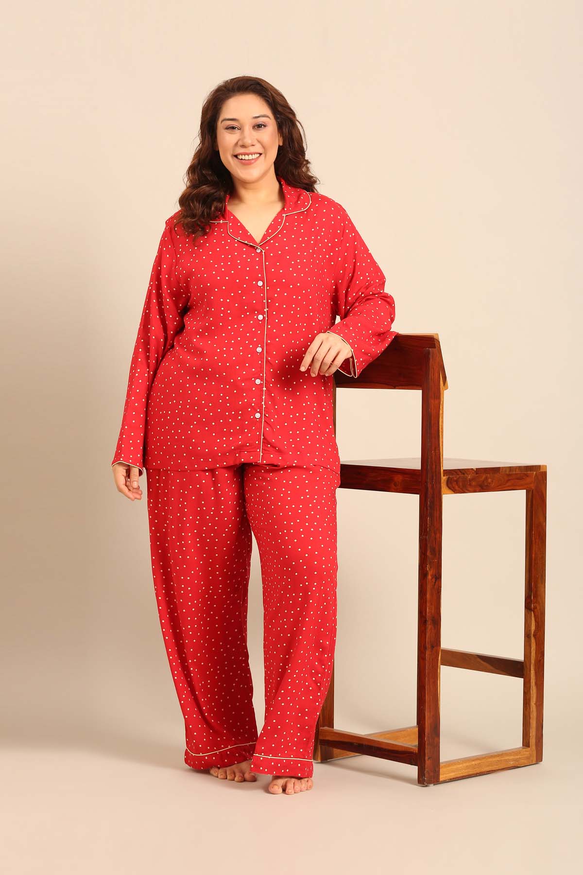 Minnie Polka Viscose Women's Curve Pajama Set - Full Sleeves