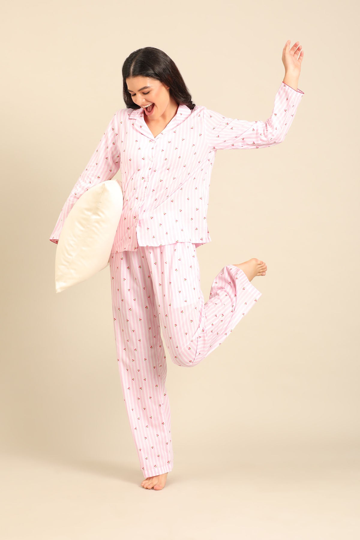 Cherry Stripe Cotton Women's Pajama Set - Full Sleeves
