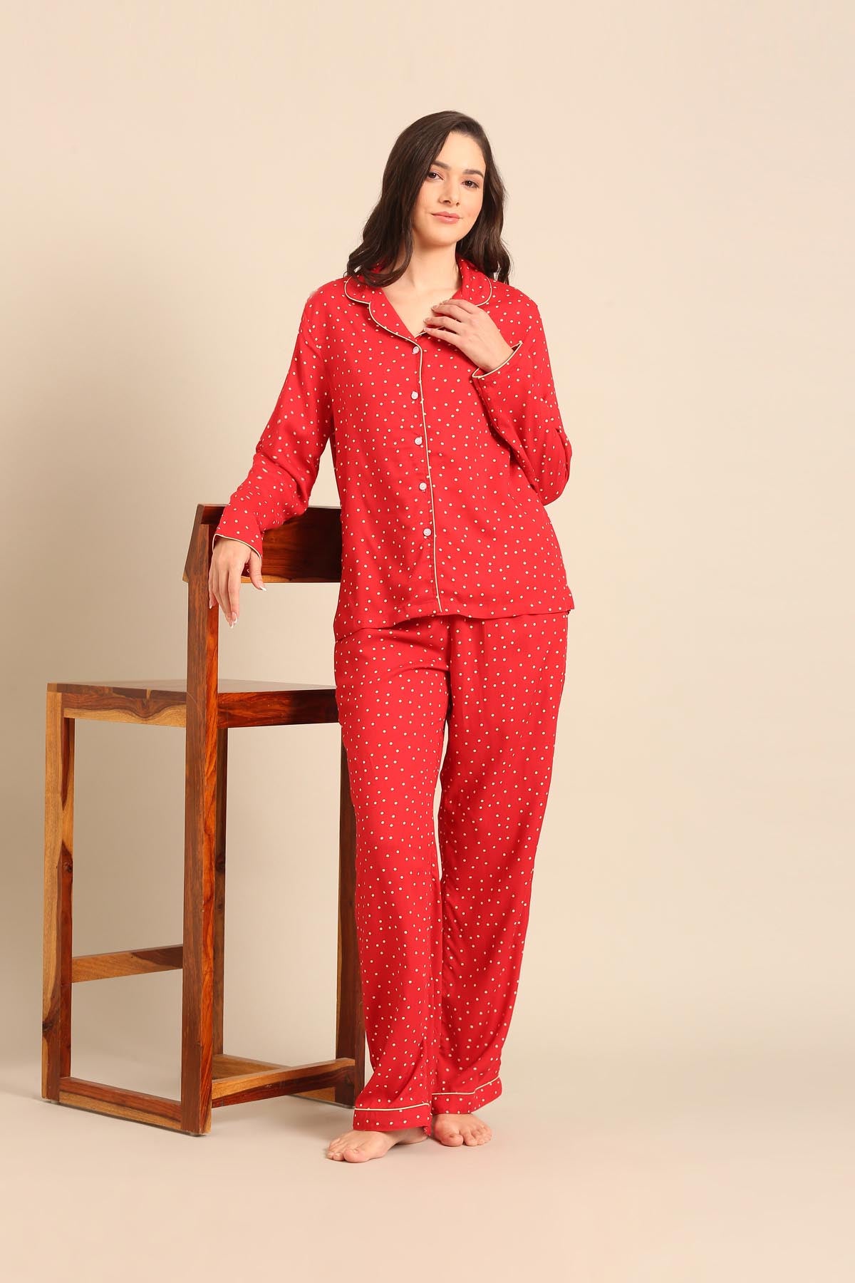 Minnie Polka Viscose Women's Pajama Set - Full Sleeves