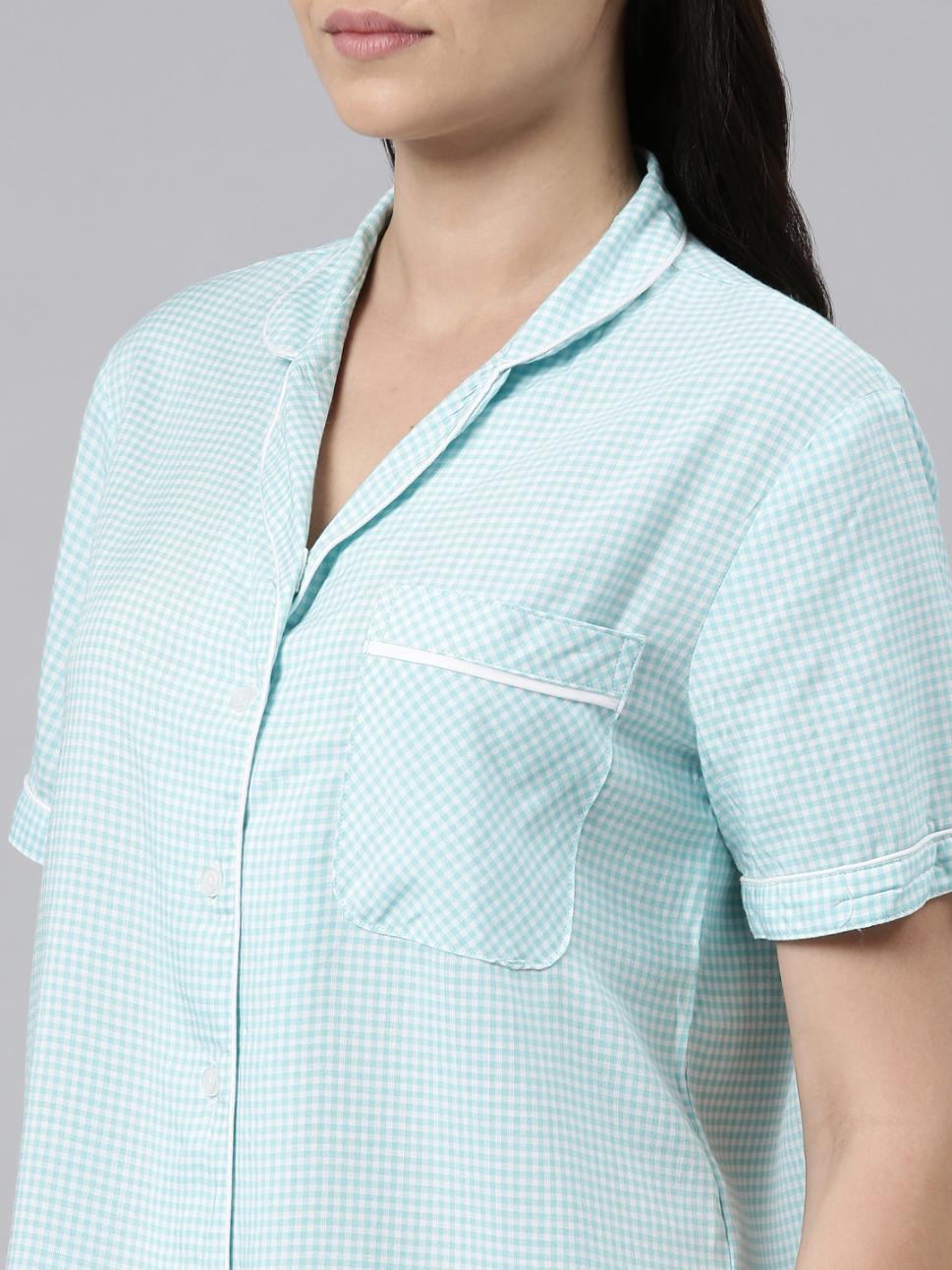 Aqua Checked Cotton Women's Shorts Set
