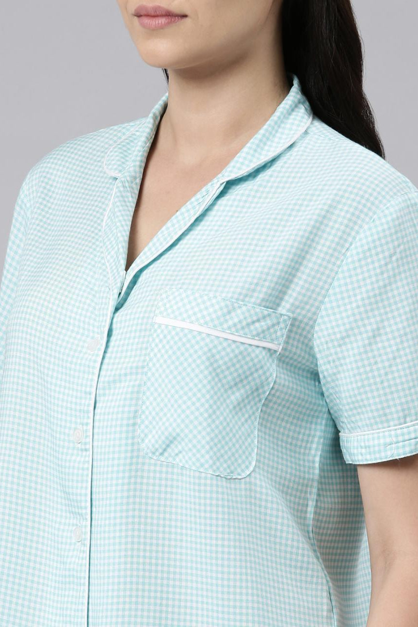 Aqua Checked Cotton Women's Shorts Set