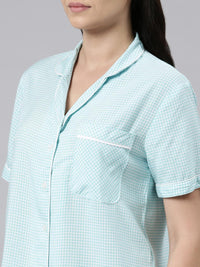 Aqua Checked Cotton Women's Shorts Set