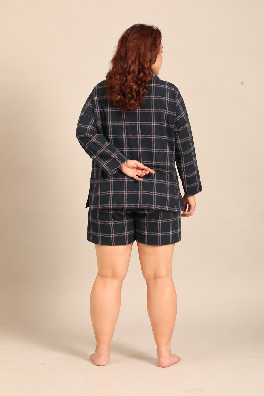 Amelia Check Cotton Blend Women's Curve Shorts Set - Full Sleeves