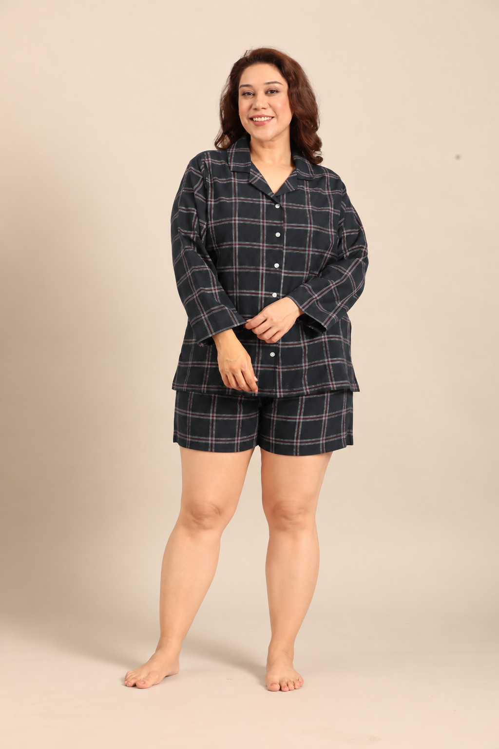 Amelia Check Cotton Blend Women's Curve Shorts Set - Full Sleeves