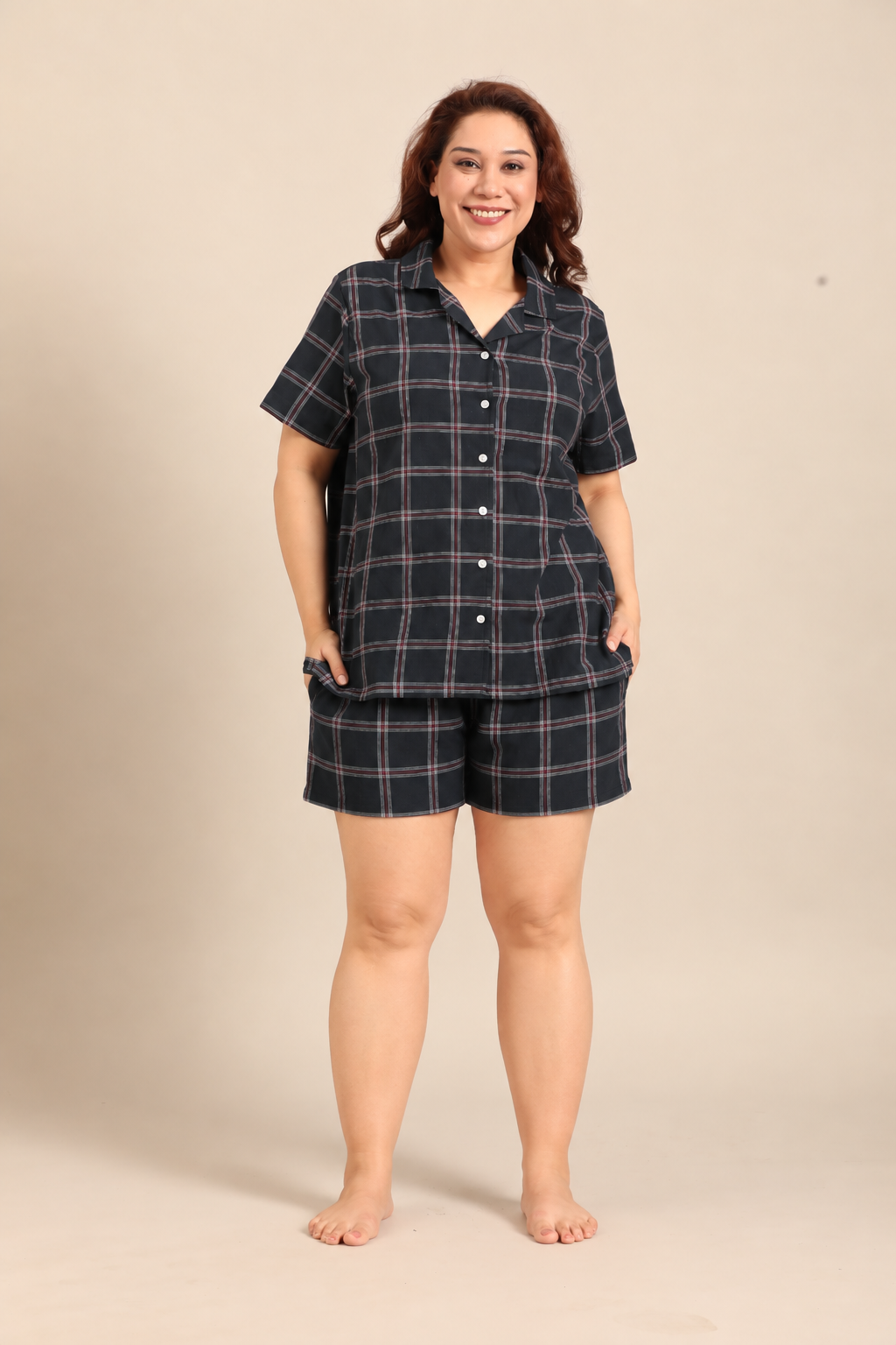 Amelia Check Cotton Blend Women's Curve Shorts Set - Half Sleeves