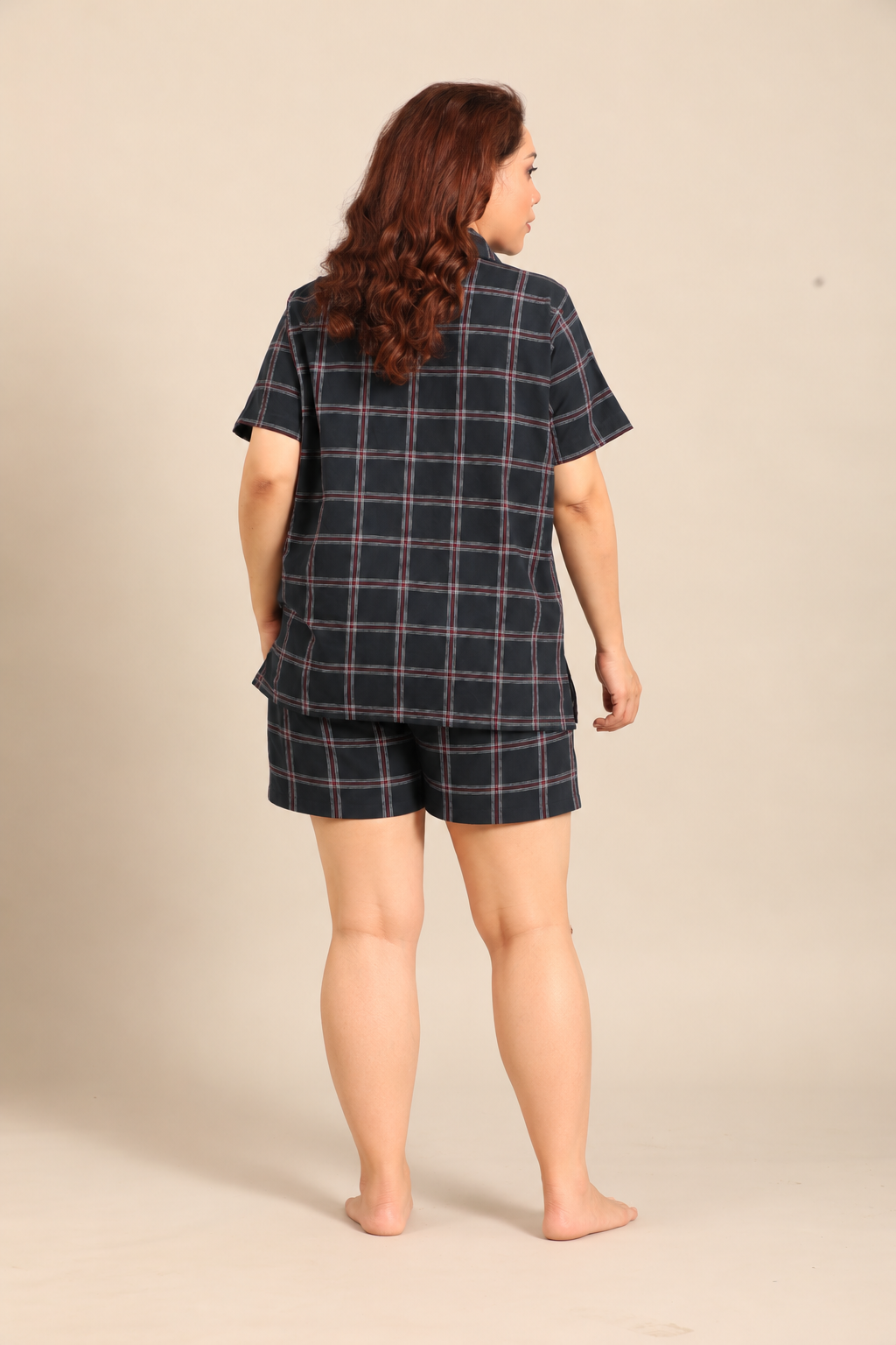 Amelia Check Cotton Blend Women's Curve Shorts Set - Half Sleeves