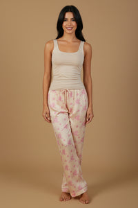 Beige Blossom Floral Printed Viscose Twill Women's Pajama