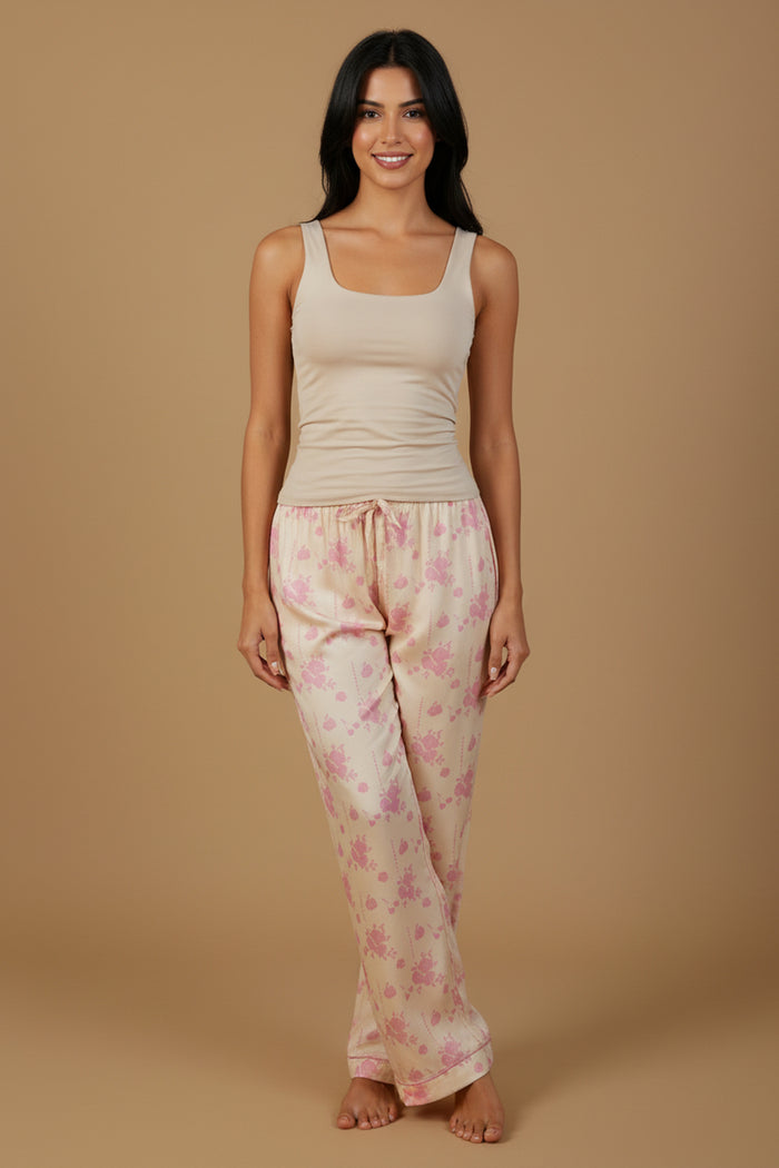 Beige Blossom Floral Printed Viscose Twill Women's Pajama