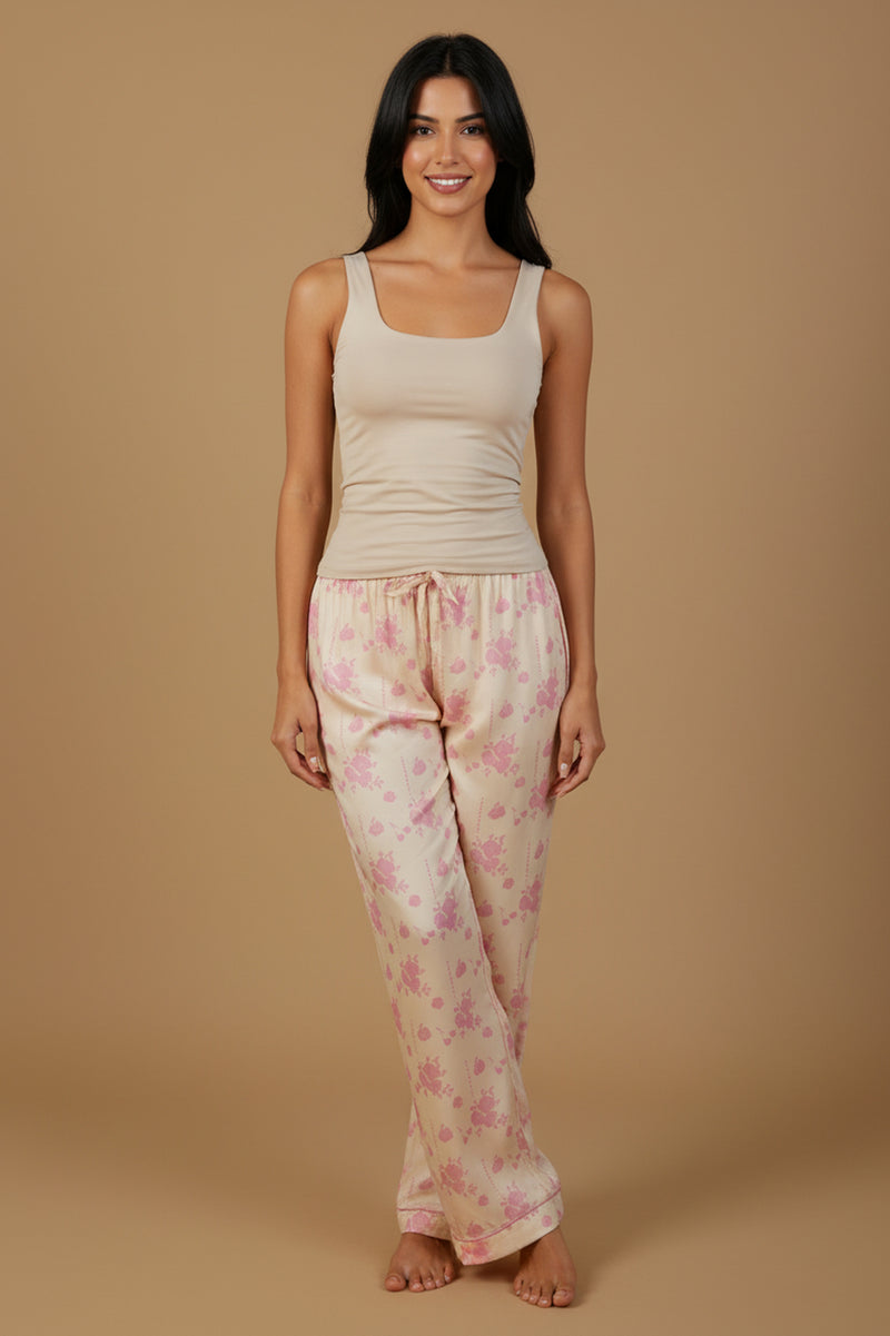 Beige Blossom Floral Printed Viscose Twill Women's Pajama