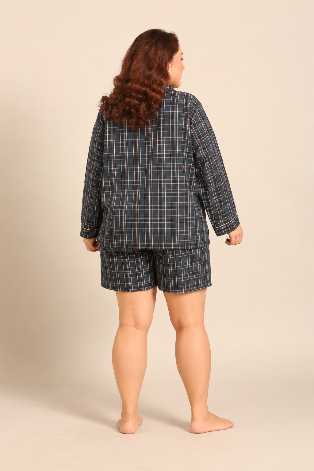 Charlotte Check Cotton Women's Curve Shorts Set - Full Sleeves