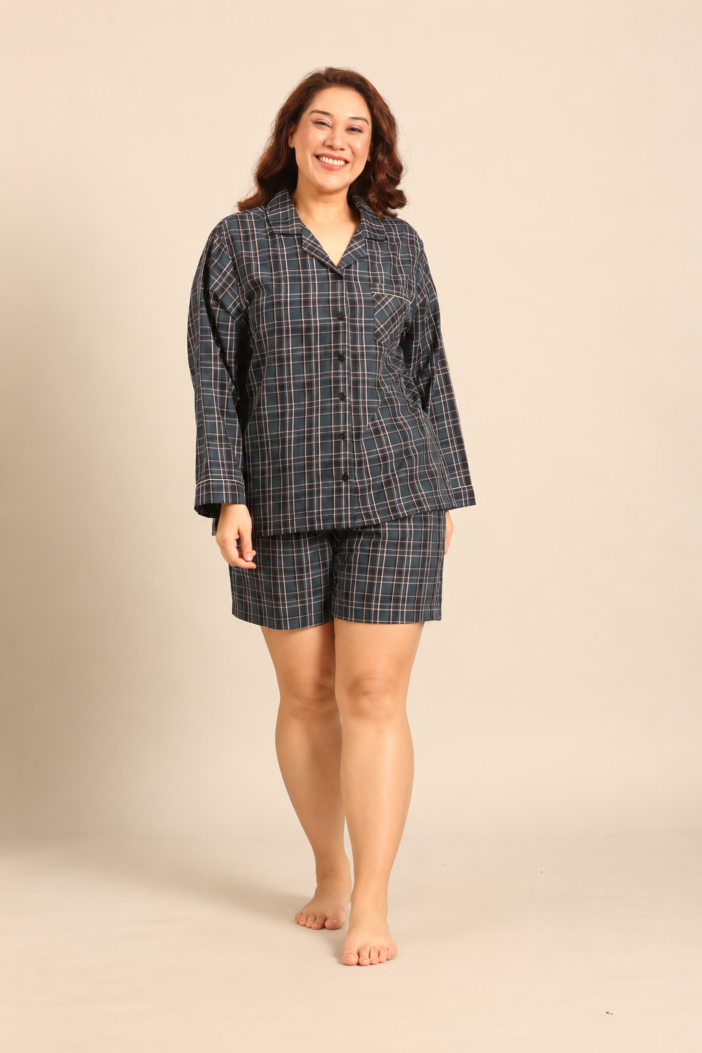 Charlotte Check Cotton Women's Curve Shorts Set - Full Sleeves