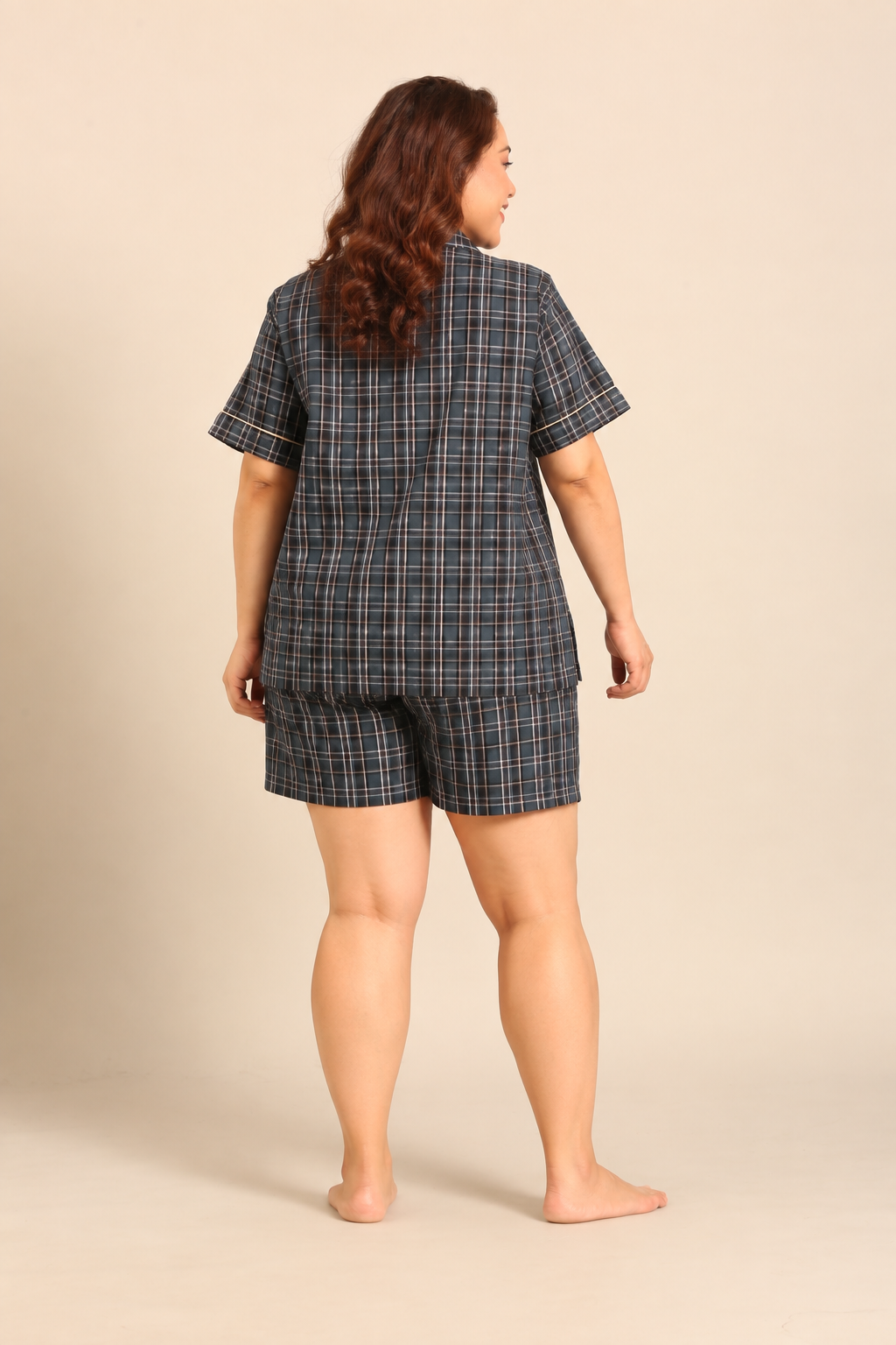 Charlotte Check Cotton Women's Curve Shorts Set - Half Sleeves