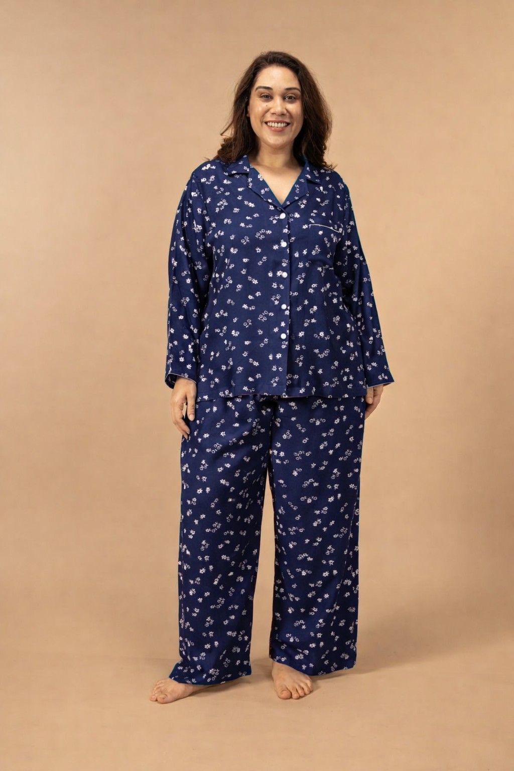 Daphne Ditsy Printed Viscose Women's Curve Pajama Set- Full Sleeves