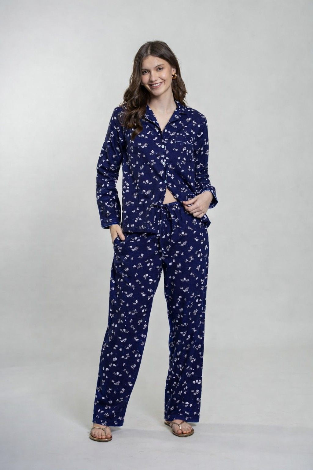 Navy Daphne Ditsy Printed Viscose Women's Pajama Set- Full Sleeves