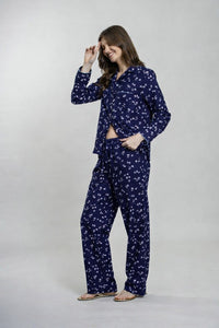 Navy Daphne Ditsy Printed Viscose Women's Pajama Set- Full Sleeves