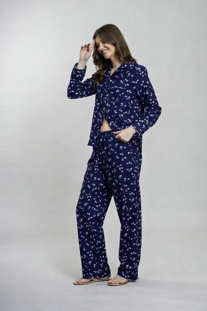 Navy Daphne Ditsy Printed Viscose Women's Pajama Set- Full Sleeves