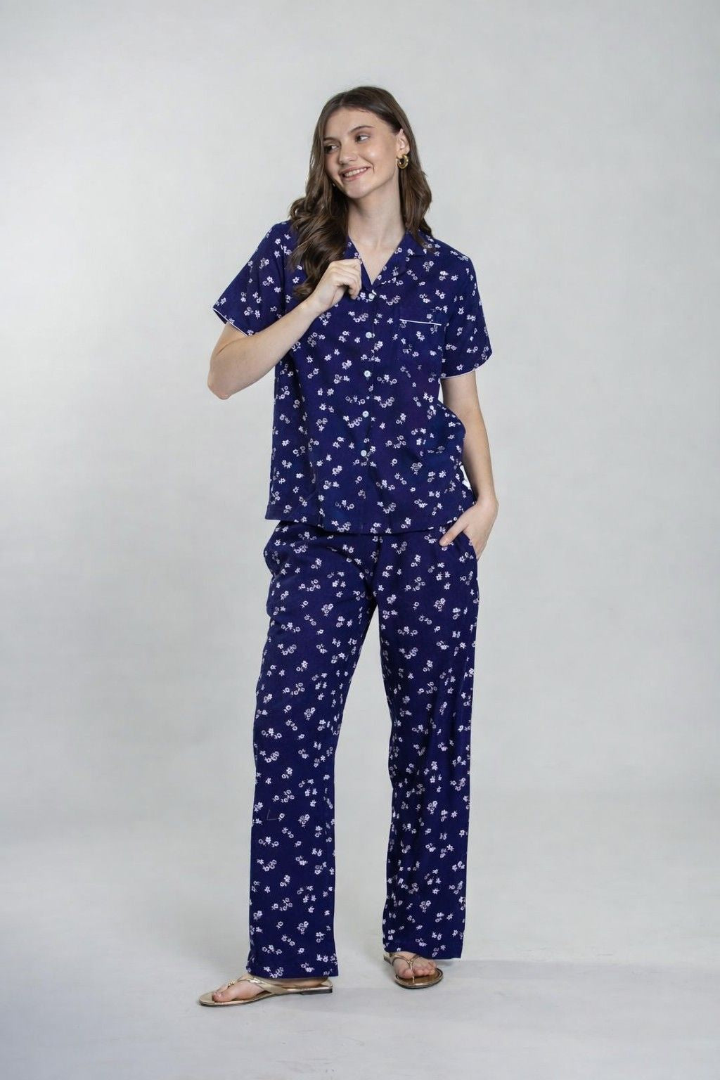Navy Daphne Ditsy Printed Viscose Women's Pajama Set- Half Sleeves