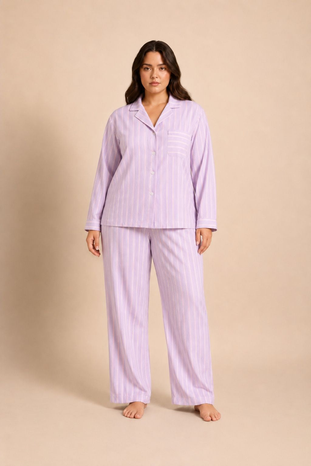 Mia Lilac Viscose Twill Women's Curve Pajama Set - Full Sleeves