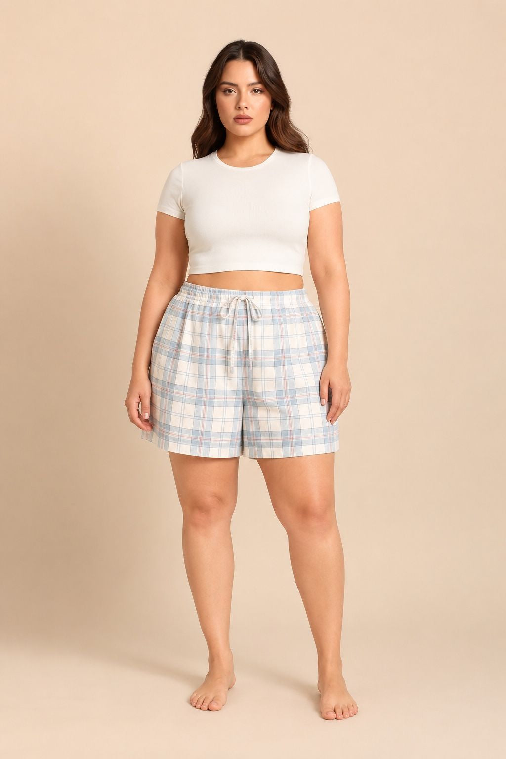 Pastel Blue Check Women's Cotton Shorts