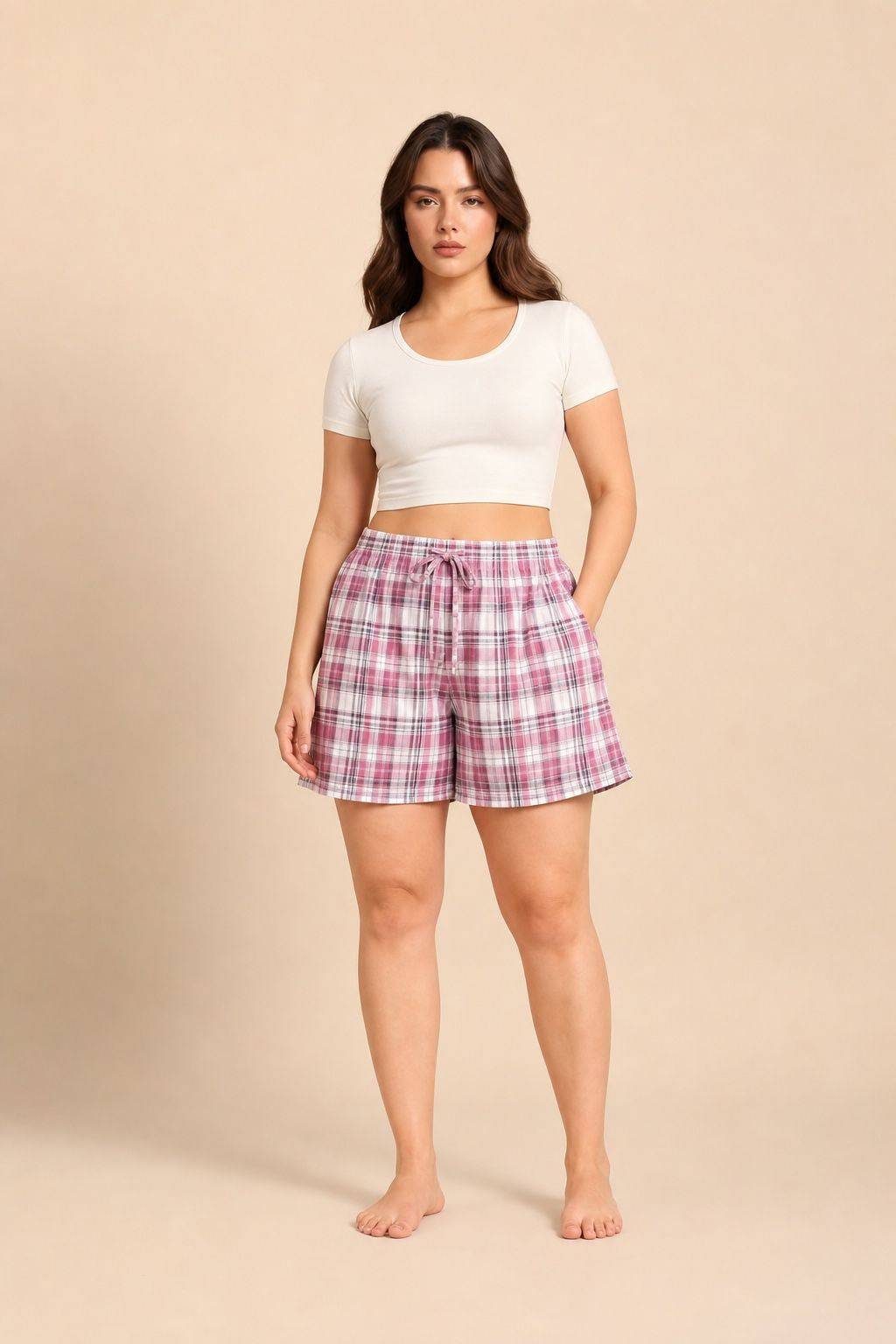 Violet Check Women's Cotton Shorts