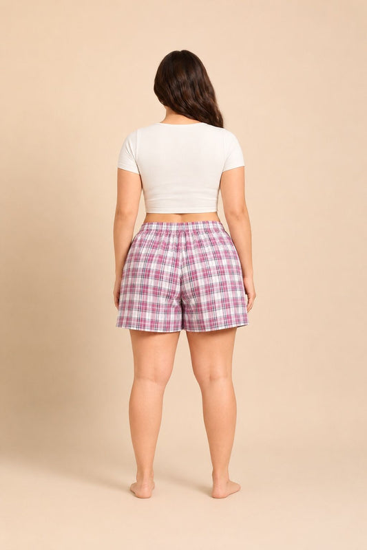 Violet Check Women's Cotton Shorts Only