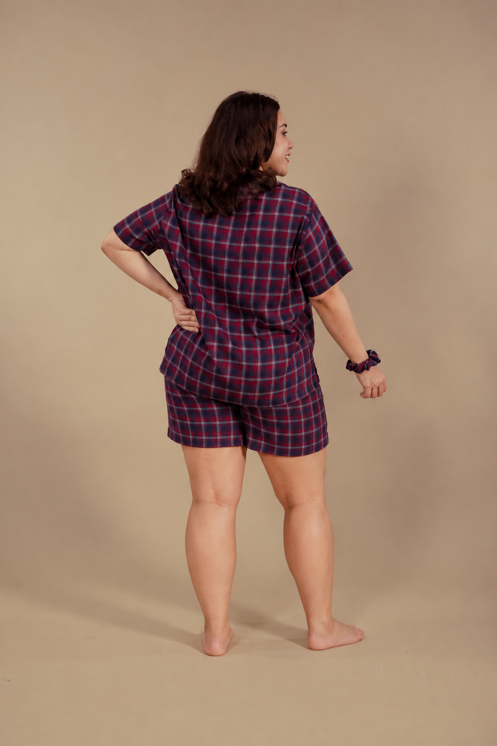 Ruby Check Cotton Women's Curve Shorts Set- Half Sleeves